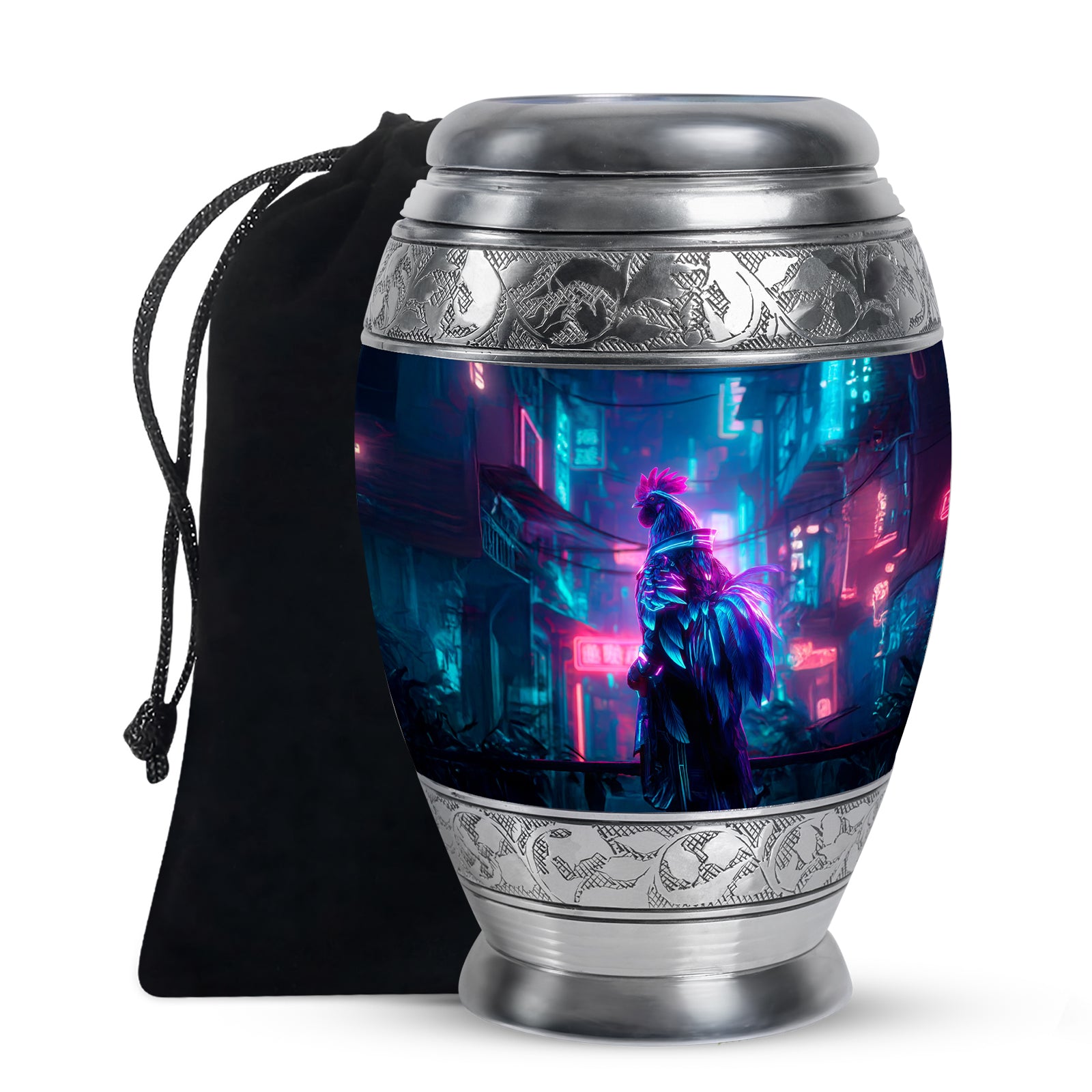 Sapphire Blue Hen Cremation Urn back view with polished surface - majestic hen pattern with filigree border - full-size 10 inch 200 cubic inch adult cremation urn