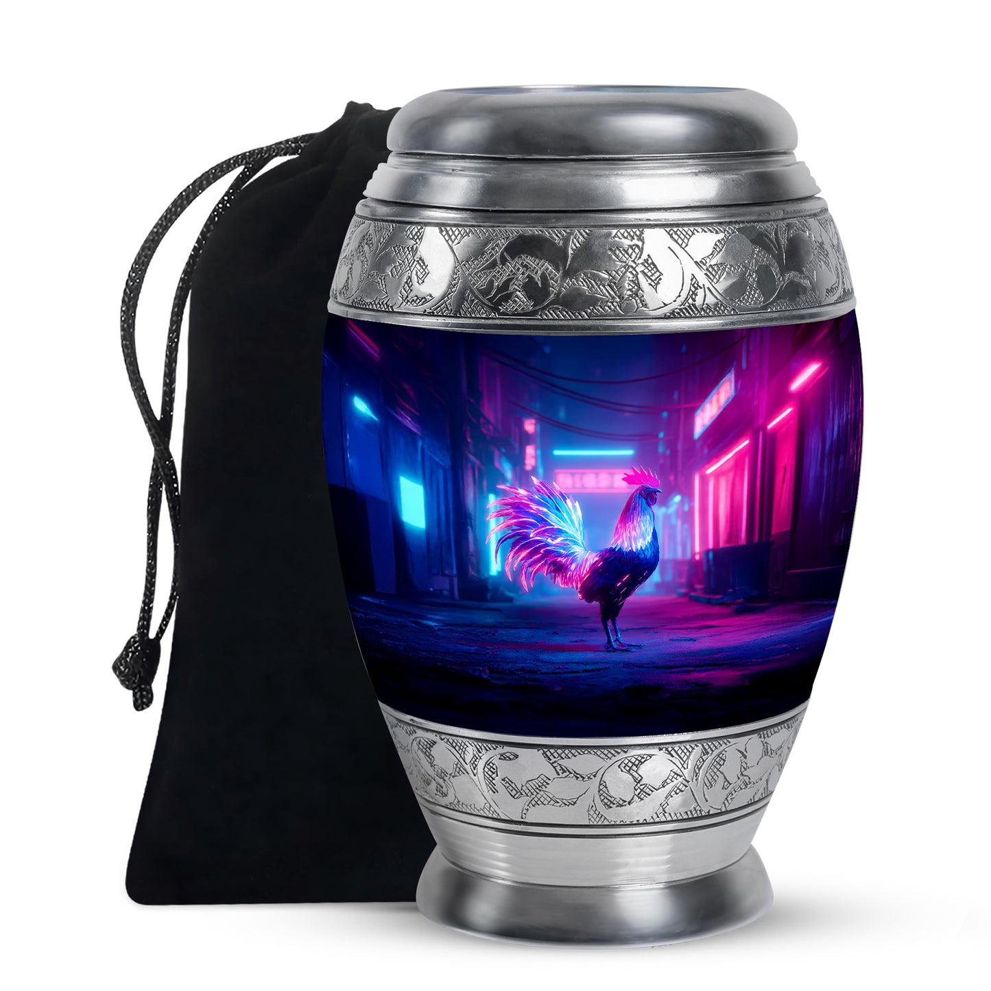 Azure Hen Cremation Urn back view with polished surface - ornate monarch-style hen relief on brushed aluminum - full-size 10 inch 200 cubic inch adult cremation urn