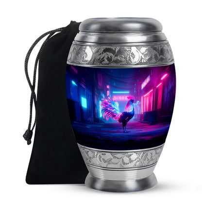Azure Hen Cremation Urn back view with polished surface - ornate monarch-style hen relief on brushed aluminum - full-size 10 inch 200 cubic inch adult cremation urn