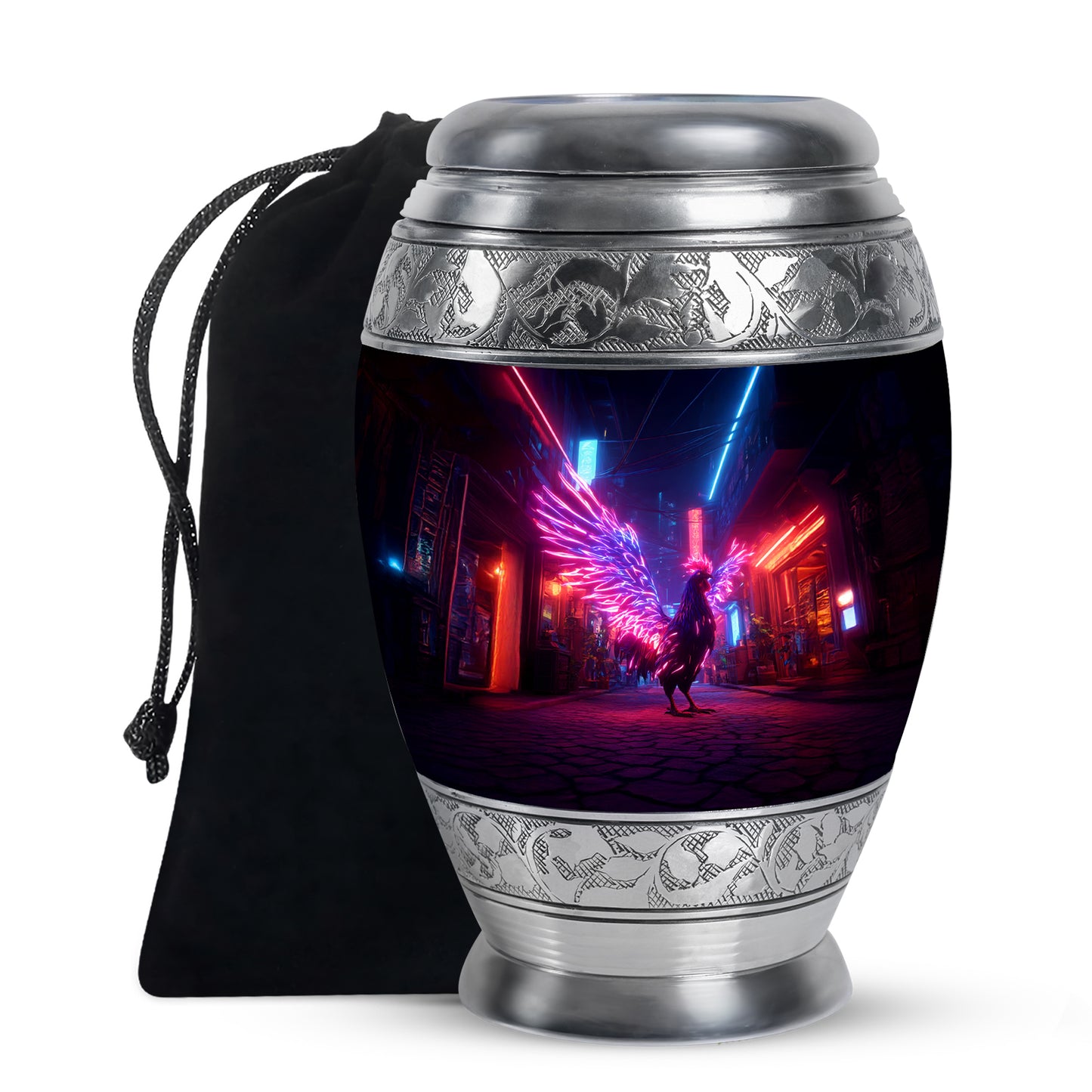 Soft Blue Hen Cremation Urn back view with polished surface - royal hen engraving with decorative scrollwork - full-size 10 inch 200 cubic inch adult cremation urn