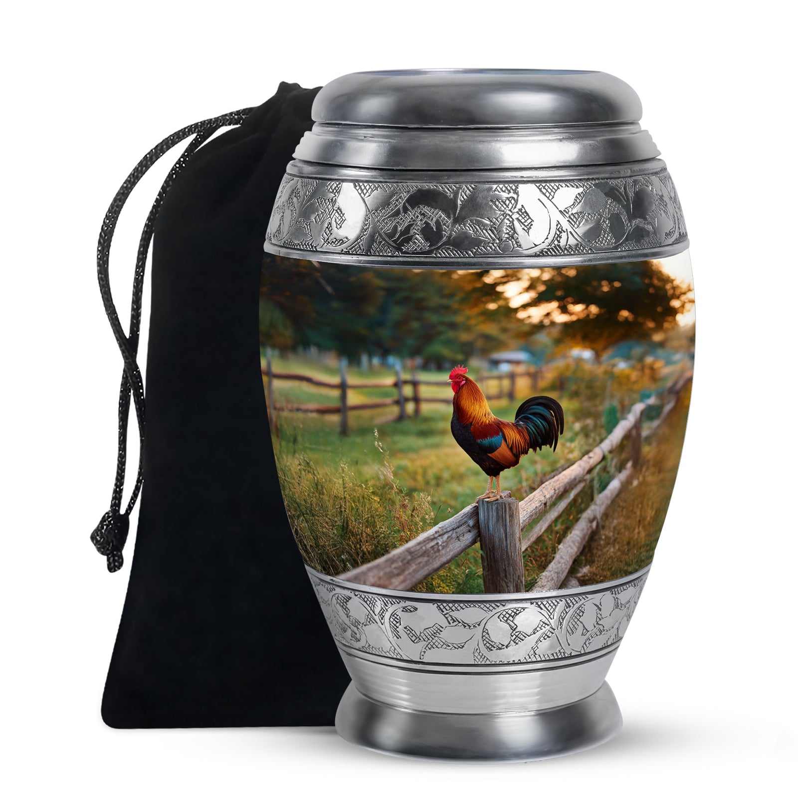 Royal Gold Hen Cremation Urn back view with polished surface - majestic hen pattern with filigree border - full-size 10 inch 200 cubic inch adult cremation urn