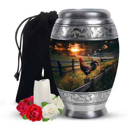 Midnight Black Hen Cremation Urn back view with polished surface - royal hen engraving with decorative scrollwork - full-size 10 inch 200 cubic inch adult cremation urn