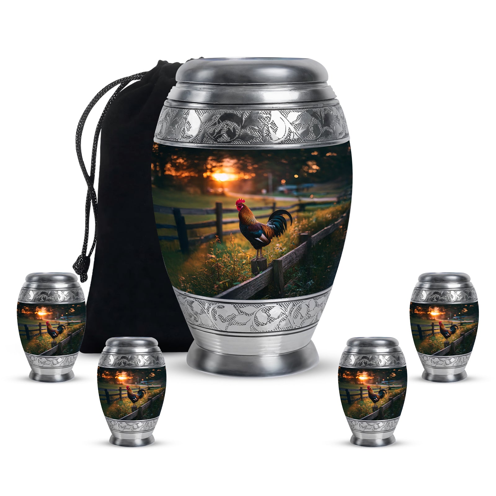 Jet Black Hen Cremation Urn detail view - regal hen design with crown-inspired accents - memorial set with one large and four small urns