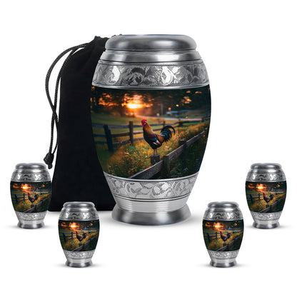 Jet Black Hen Cremation Urn detail view - regal hen design with crown-inspired accents - memorial set with one large and four small urns