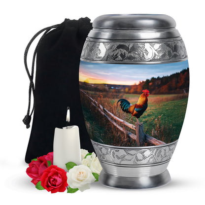Cobalt Blue Hen Cremation Urn back view with polished surface - royal hen engraving with decorative scrollwork - full-size 10 inch 200 cubic inch adult cremation urn