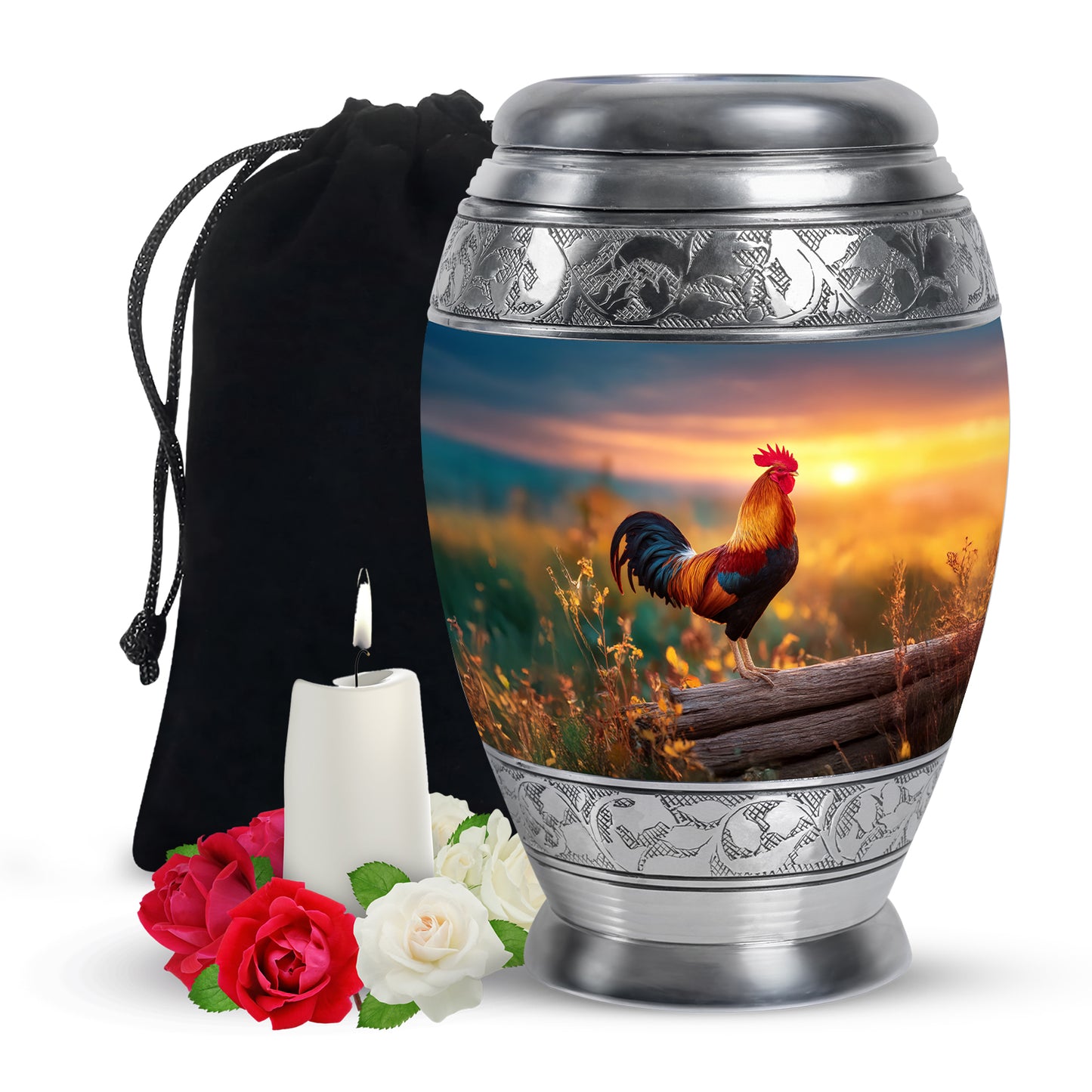 Steel Blue Hen Cremation Urn back view with polished surface - royal hen engraving with decorative scrollwork - full-size 10 inch 200 cubic inch adult cremation urn