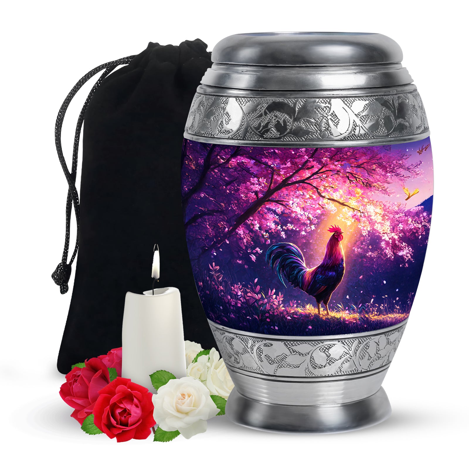 Coral Pink Hen Cremation Urn back view with polished surface - ornate monarch-style hen relief on brushed aluminum - full-size 10 inch 200 cubic inch adult cremation urn