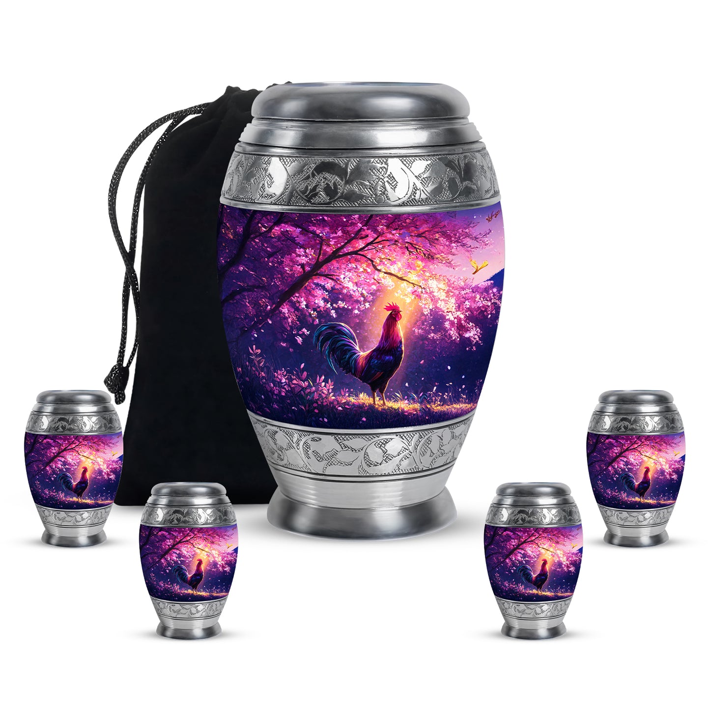 Pastel Pink Hen Cremation Urn detail view - regal hen design with crown-inspired accents - memorial set with one large and four small urns