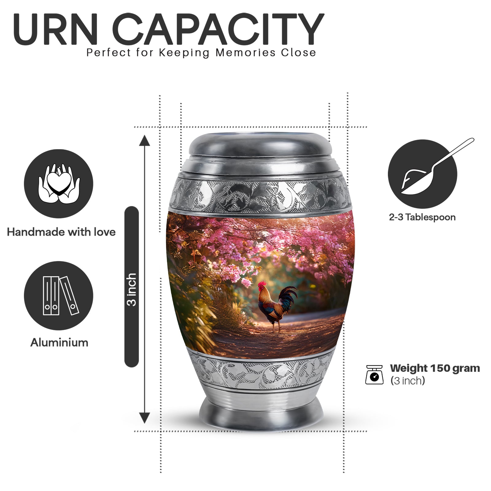 Ruby Red Hen Cremation Urn lifestyle display on memorial shelf - royal hen engraving with decorative scrollwork - mini keepsake memorial for portion of cremation ashes