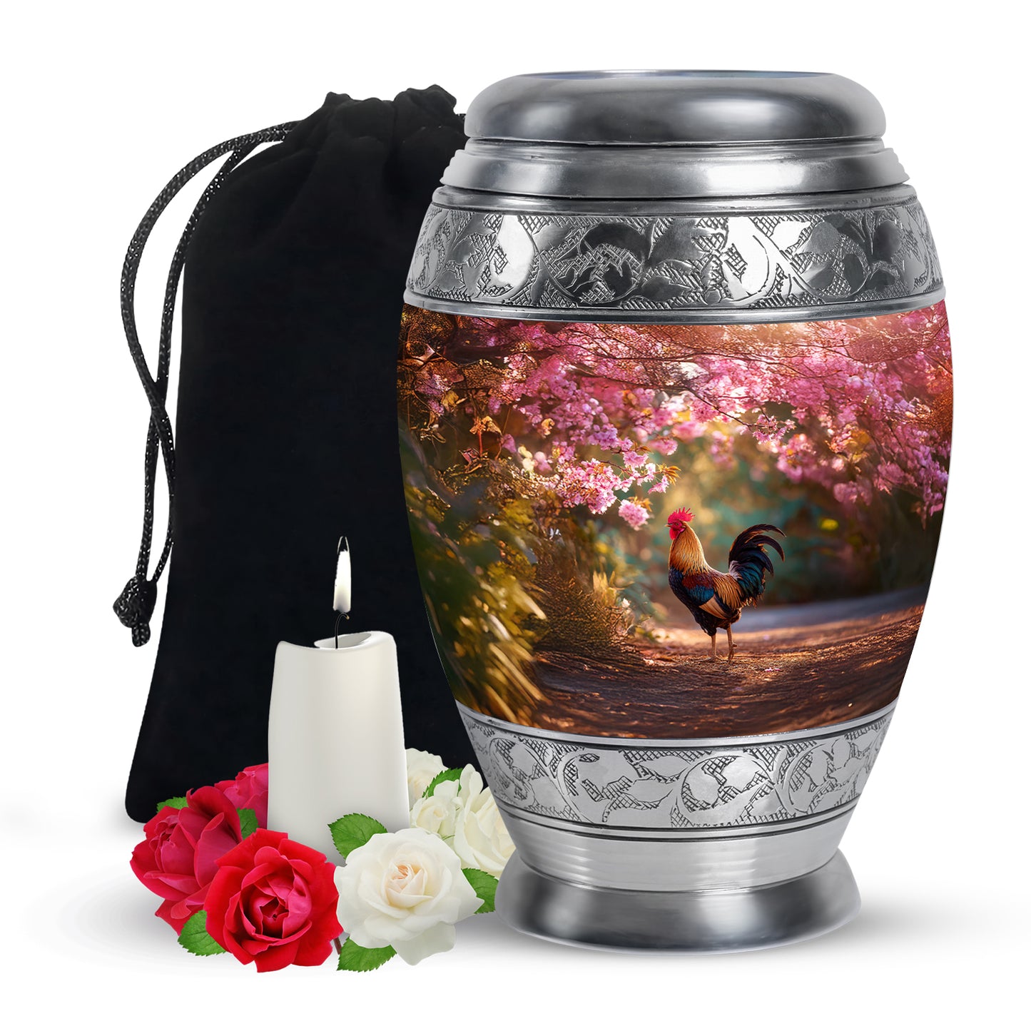 Wine Red Hen Cremation Urn back view with polished surface - ornate monarch-style hen relief on brushed aluminum - full-size 10 inch 200 cubic inch adult cremation urn