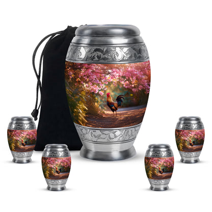 Wine Red Hen Cremation Urn detail view - regal hen design with crown-inspired accents - memorial set with one large and four small urns