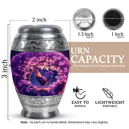 Blush Pink Hen Cremation Urn lifestyle display on memorial shelf - ornate monarch-style hen relief on brushed aluminum - mini keepsake memorial for portion of cremation ashes