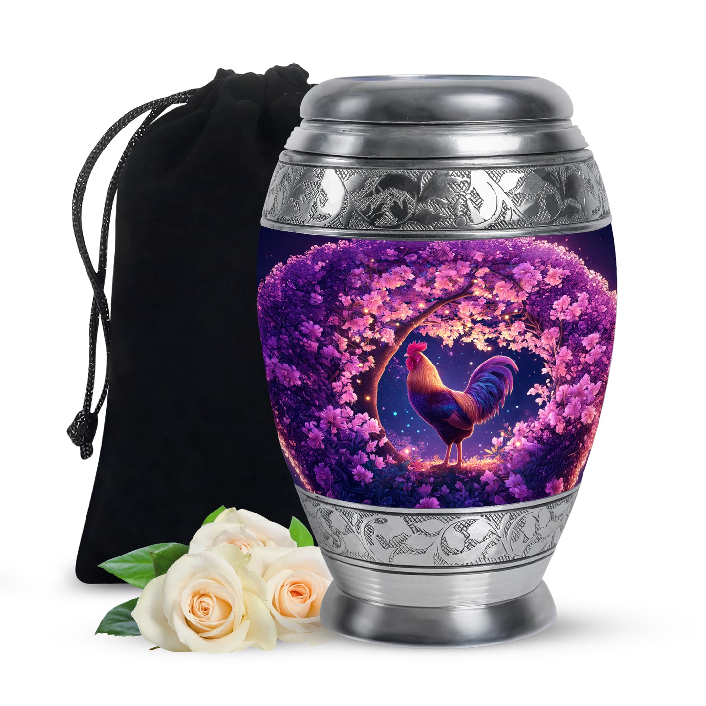 Coral Pink Hen Cremation Urn back view with polished surface - ornate monarch-style hen relief on brushed aluminum - full-size 10 inch 200 cubic inch adult cremation urn