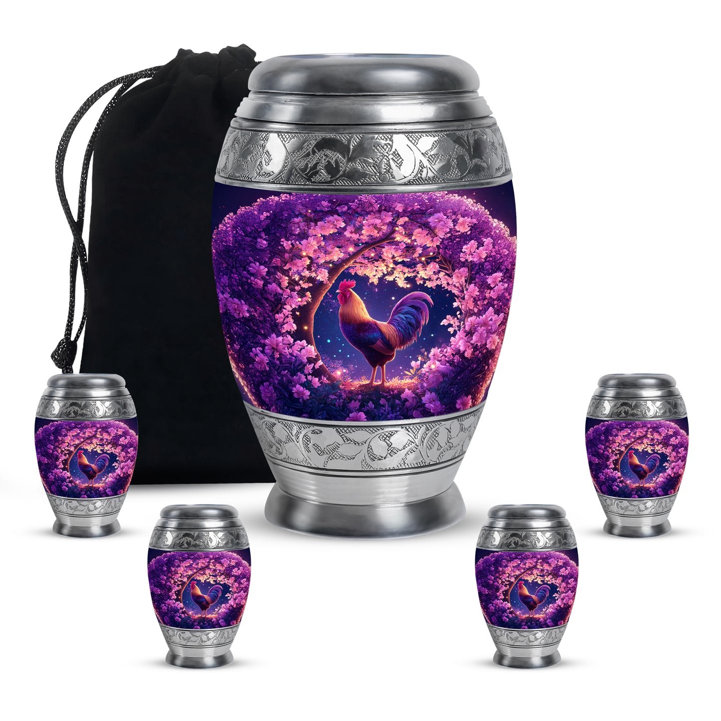 Rose Pink Hen Cremation Urn detail view - ornate monarch-style hen relief on brushed aluminum - memorial set with one large and four small urns