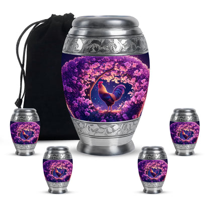 Rose Pink Hen Cremation Urn detail view - ornate monarch-style hen relief on brushed aluminum - memorial set with one large and four small urns