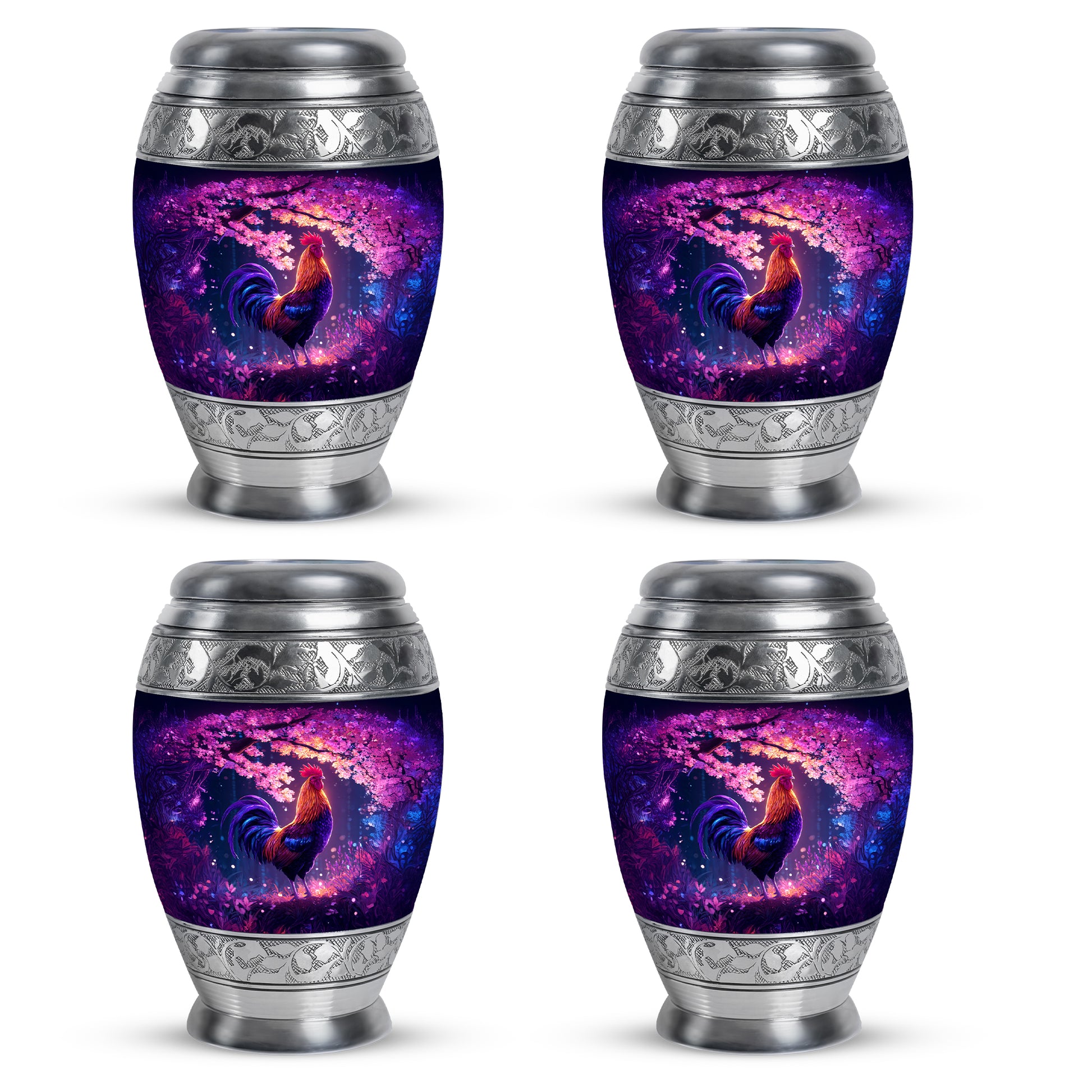 Plum Purple Hen Cremation Urn urn with complimentary velvet bag - ornate monarch-style hen relief on brushed aluminum - 10 inch aluminum urn for cremated remains