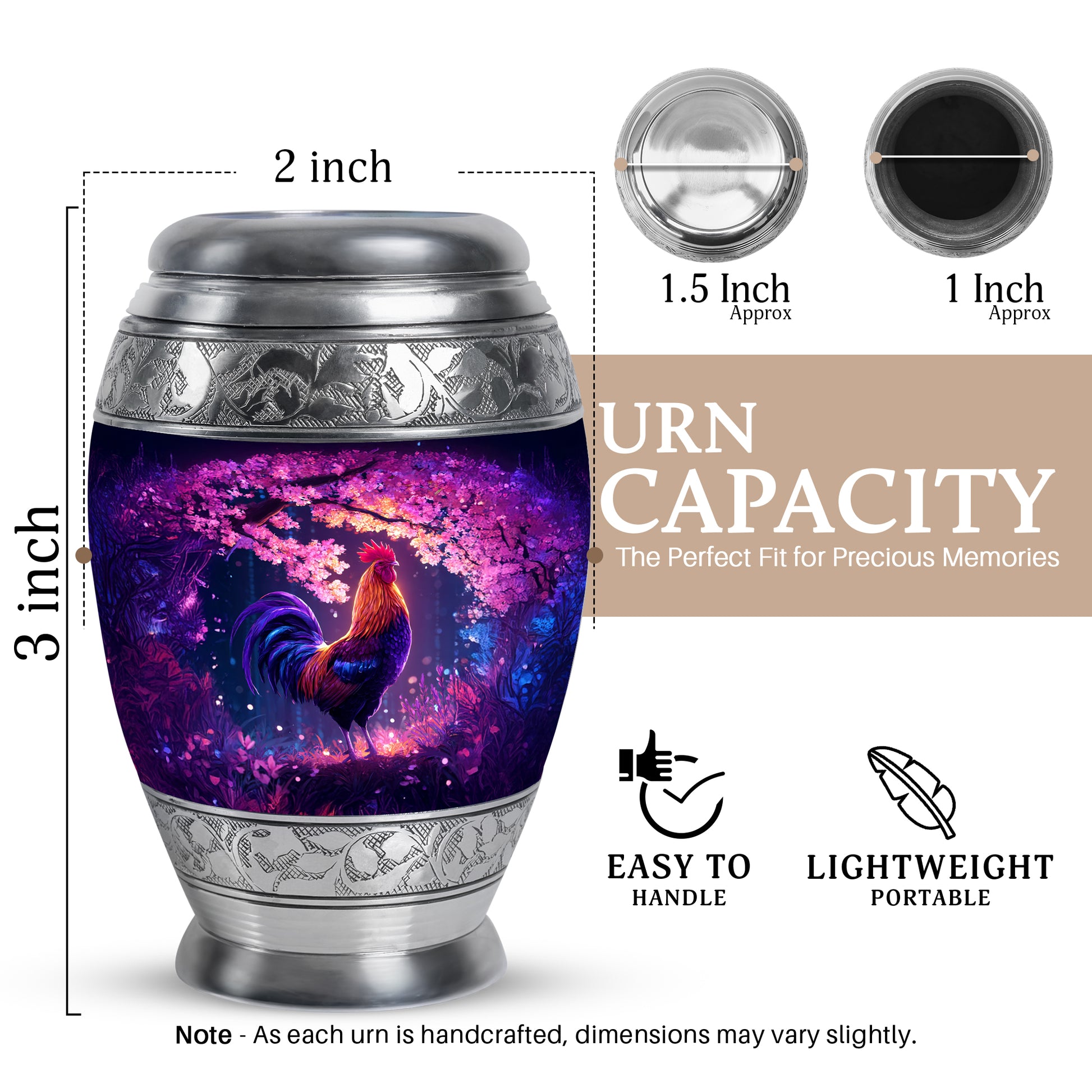 Orchid Purple Hen Cremation Urn lifestyle display on memorial shelf - ornate monarch-style hen relief on brushed aluminum - mini keepsake memorial for portion of cremation ashes