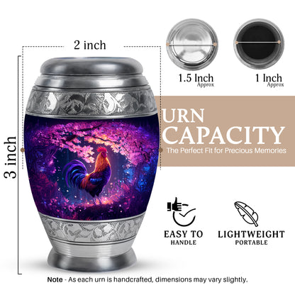 Orchid Purple Hen Cremation Urn lifestyle display on memorial shelf - ornate monarch-style hen relief on brushed aluminum - mini keepsake memorial for portion of cremation ashes