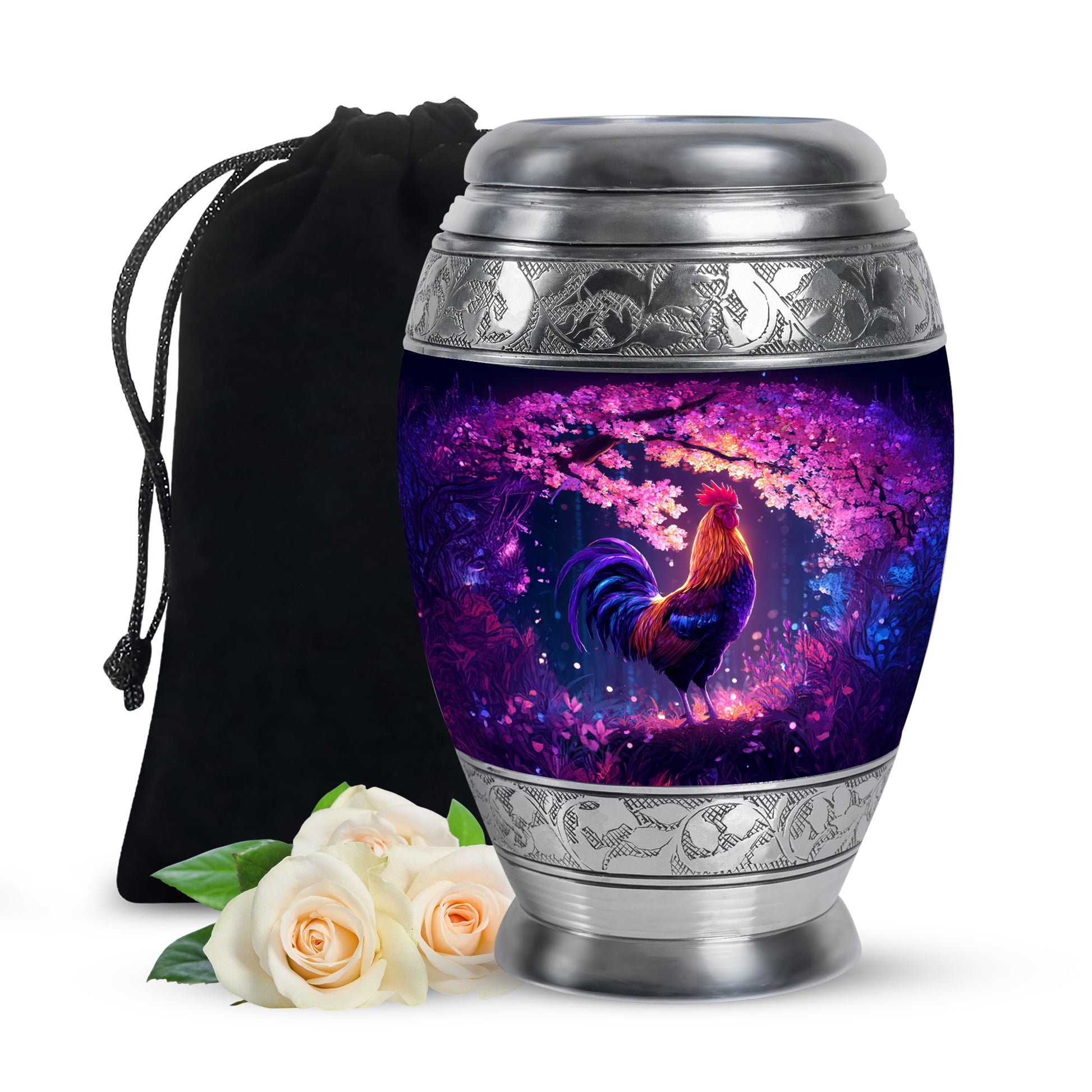 Majestic Purple Hen Cremation Urn back view with polished surface - regal hen design with crown-inspired accents - full-size 10 inch 200 cubic inch adult cremation urn