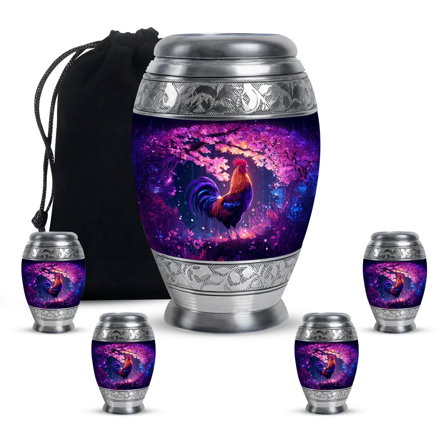 Royal Purple Hen Cremation Urn detail view - majestic hen pattern with filigree border - memorial set with one large and four small urns