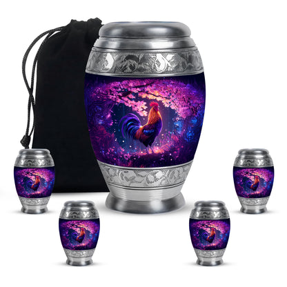 Royal Purple Hen Cremation Urn detail view - majestic hen pattern with filigree border - memorial set with one large and four small urns