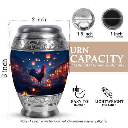 Royal Blue Hen Cremation Urn lifestyle display on memorial shelf - royal hen engraving with decorative scrollwork - mini keepsake memorial for portion of cremation ashes