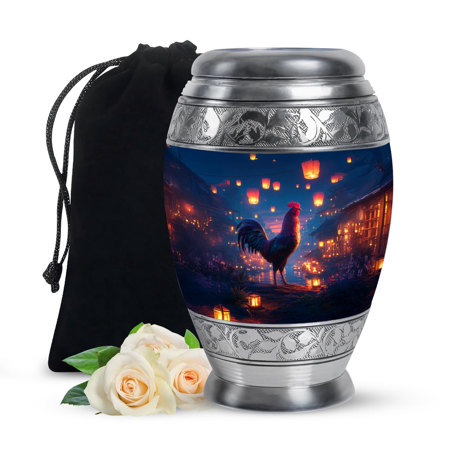 Cobalt Blue Hen Cremation Urn back view with polished surface - majestic hen pattern with filigree border - full-size 10 inch 200 cubic inch adult cremation urn
