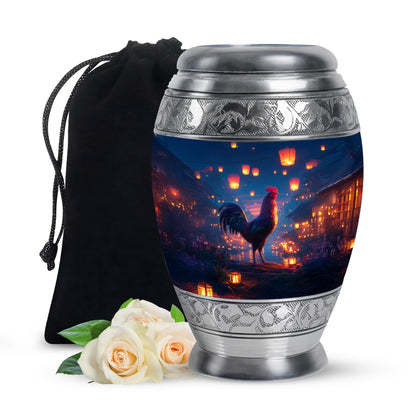 Cobalt Blue Hen Cremation Urn back view with polished surface - majestic hen pattern with filigree border - full-size 10 inch 200 cubic inch adult cremation urn
