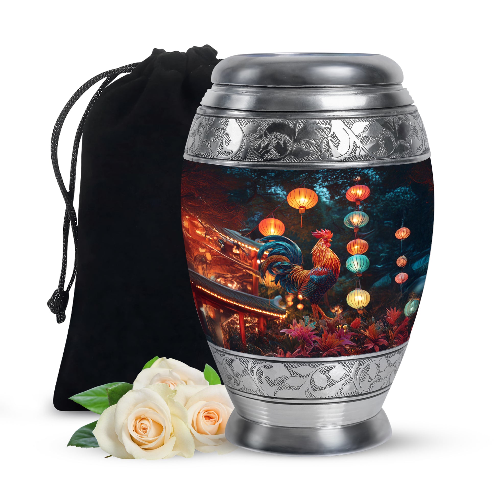 Serene Blue Hen Cremation Urn back view with polished surface - majestic hen pattern with filigree border - full-size 10 inch 200 cubic inch adult cremation urn