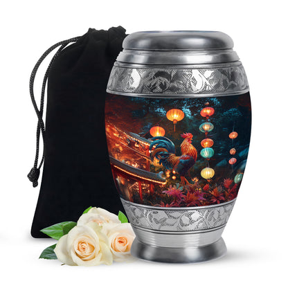 Serene Blue Hen Cremation Urn back view with polished surface - majestic hen pattern with filigree border - full-size 10 inch 200 cubic inch adult cremation urn
