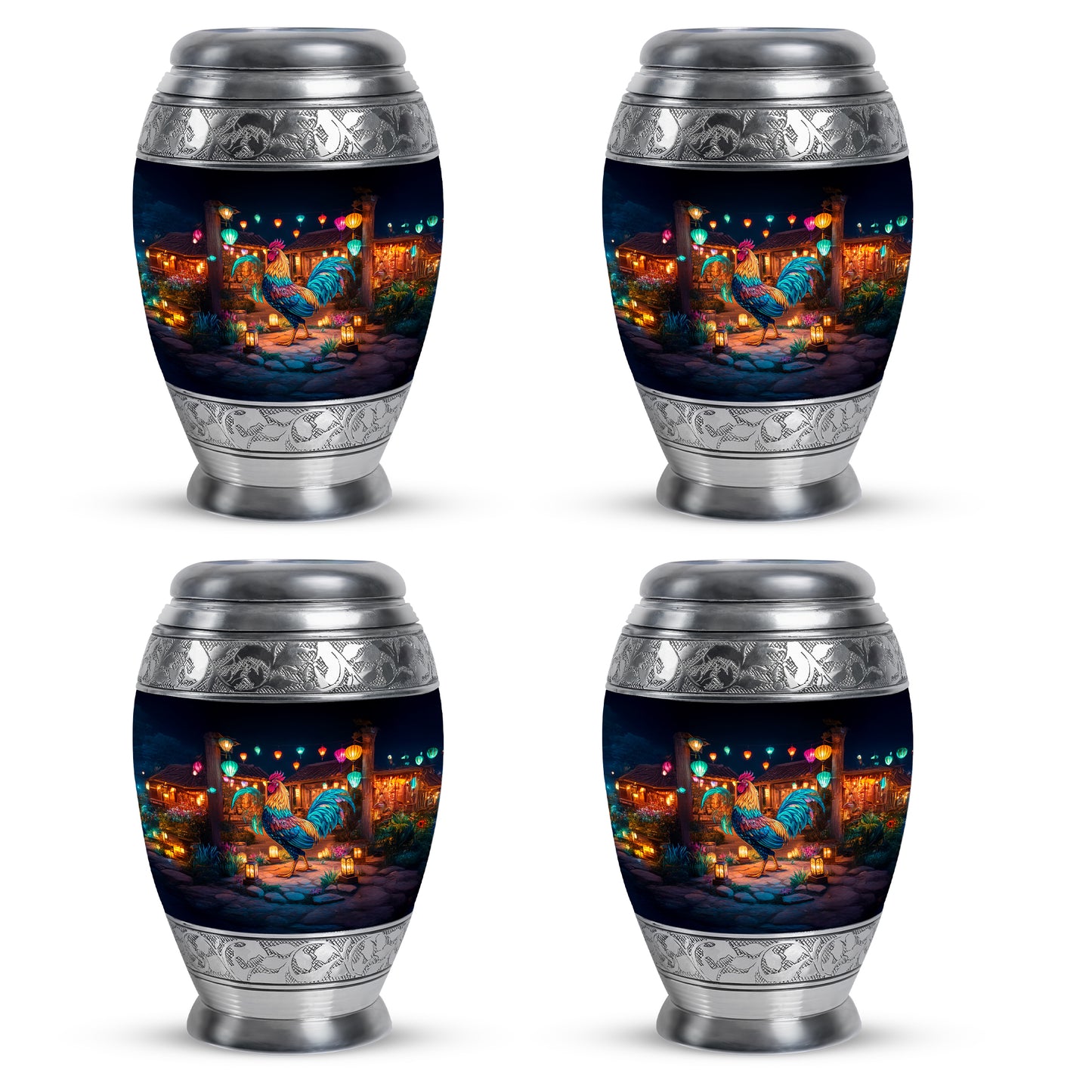 Rich Black Hen Cremation Urn urn with complimentary velvet bag - ornate monarch-style hen relief on brushed aluminum - 10 inch aluminum urn for cremated remains