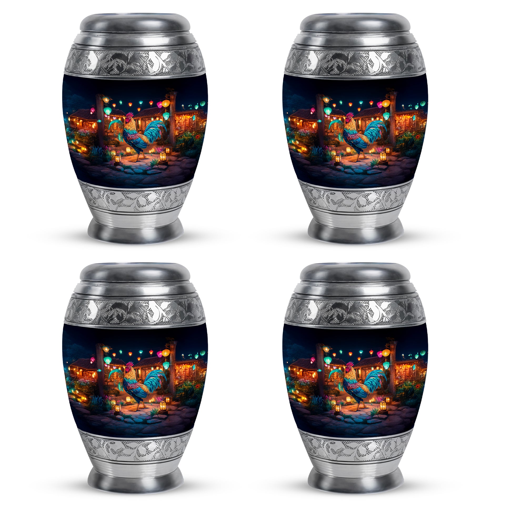 Rich Black Hen Cremation Urn urn with complimentary velvet bag - ornate monarch-style hen relief on brushed aluminum - 10 inch aluminum urn for cremated remains