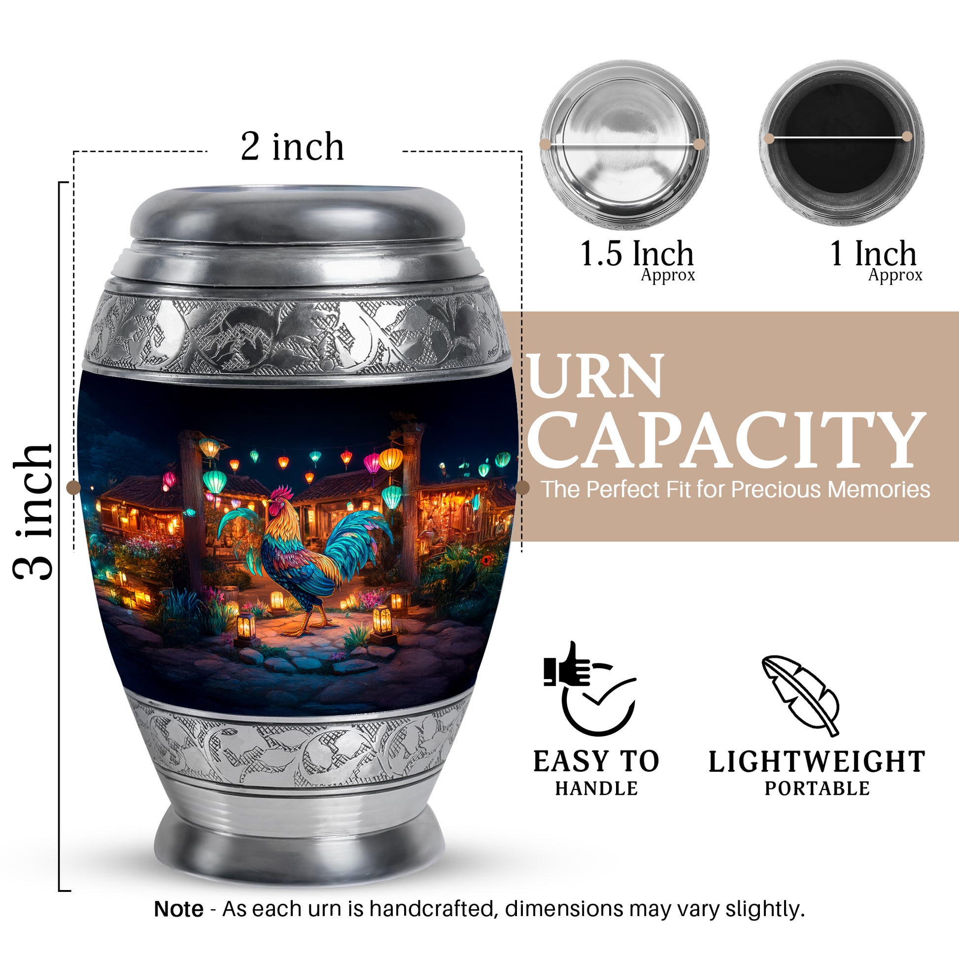 Obsidian Black Hen Cremation Urn lifestyle display on memorial shelf - majestic hen pattern with filigree border - mini keepsake memorial for portion of cremation ashes