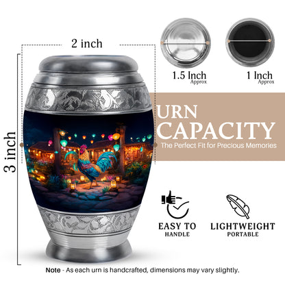 Obsidian Black Hen Cremation Urn lifestyle display on memorial shelf - majestic hen pattern with filigree border - mini keepsake memorial for portion of cremation ashes