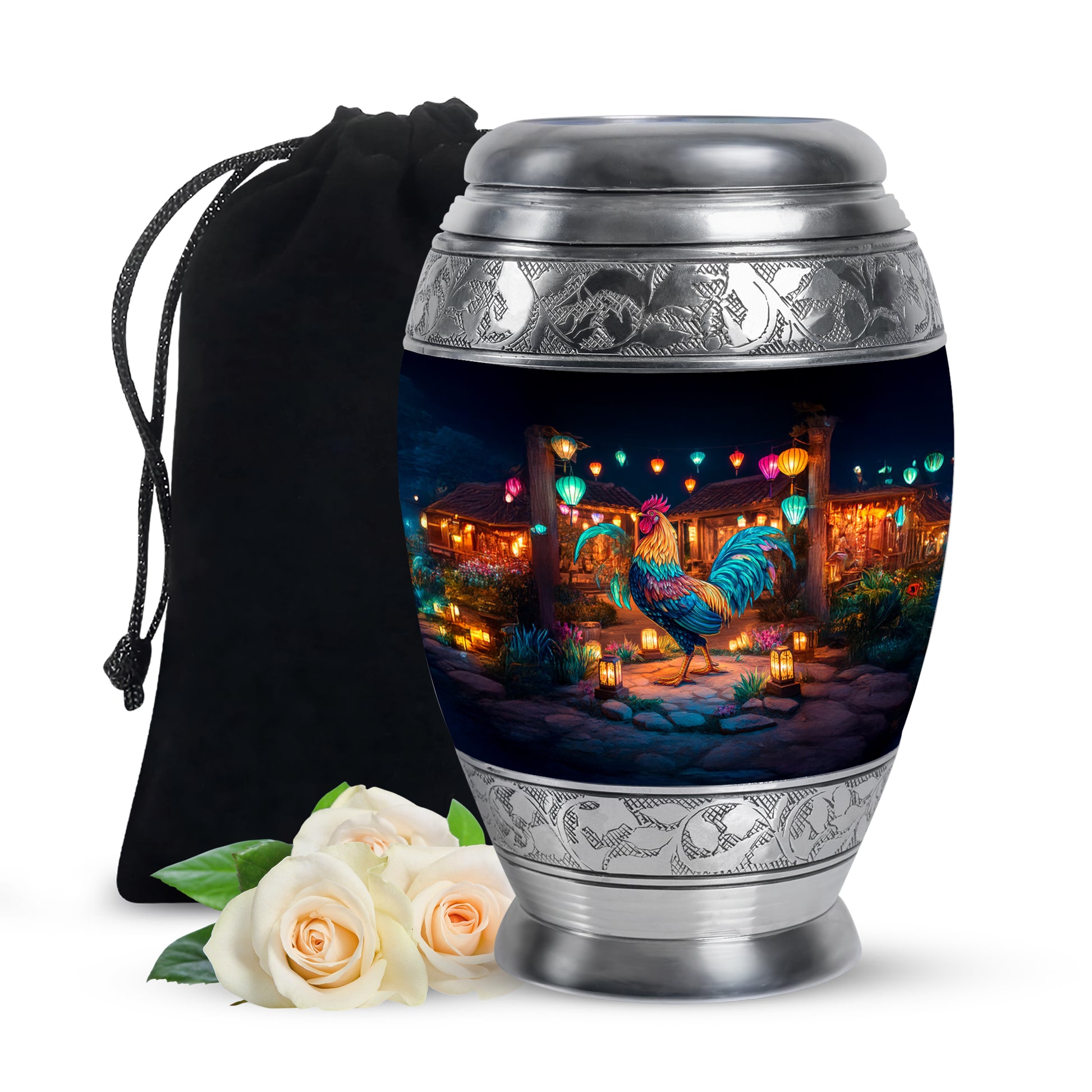 Midnight Black Hen Cremation Urn back view with polished surface - majestic hen pattern with filigree border - full-size 10 inch 200 cubic inch adult cremation urn
