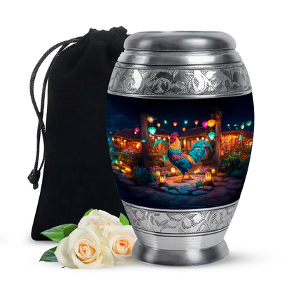 Midnight Black Hen Cremation Urn back view with polished surface - majestic hen pattern with filigree border - full-size 10 inch 200 cubic inch adult cremation urn