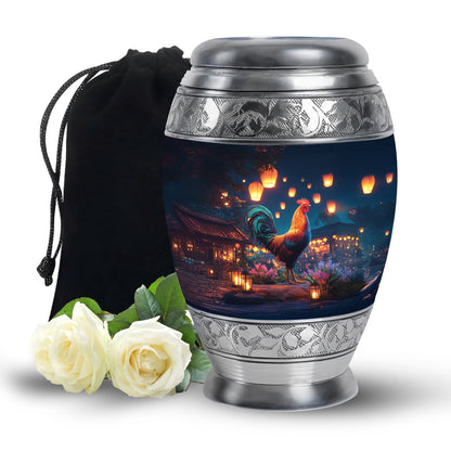 Calming Blue Hen Cremation Urn back view with polished surface - royal hen engraving with decorative scrollwork - full-size 10 inch 200 cubic inch adult cremation urn