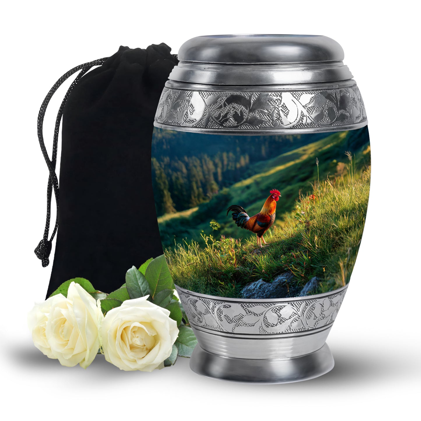 Navy Blue Hen Cremation Urn back view with polished surface - ornate monarch-style hen relief on brushed aluminum - full-size 10 inch 200 cubic inch adult cremation urn