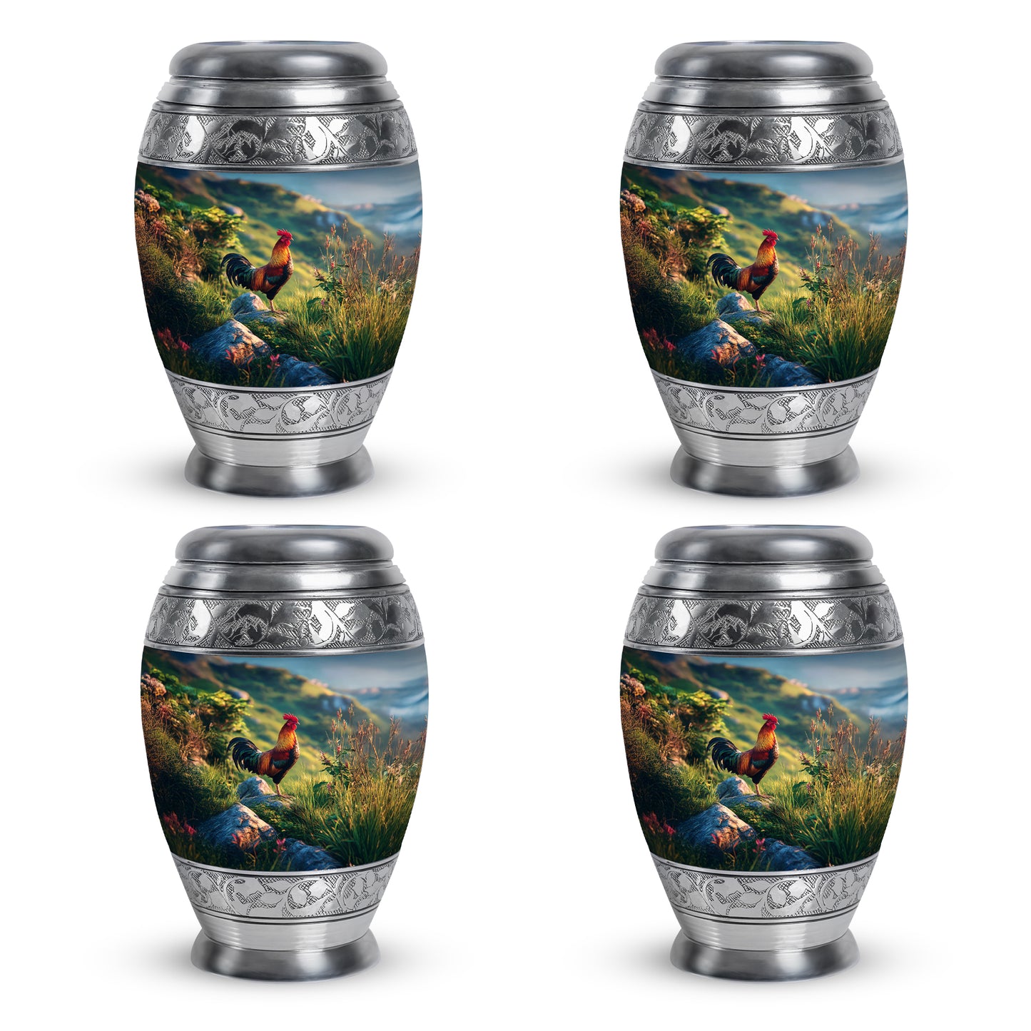 Indigo Hen Cremation Urn urn with complimentary velvet bag - ornate monarch-style hen relief on brushed aluminum - 10 inch aluminum urn for cremated remains