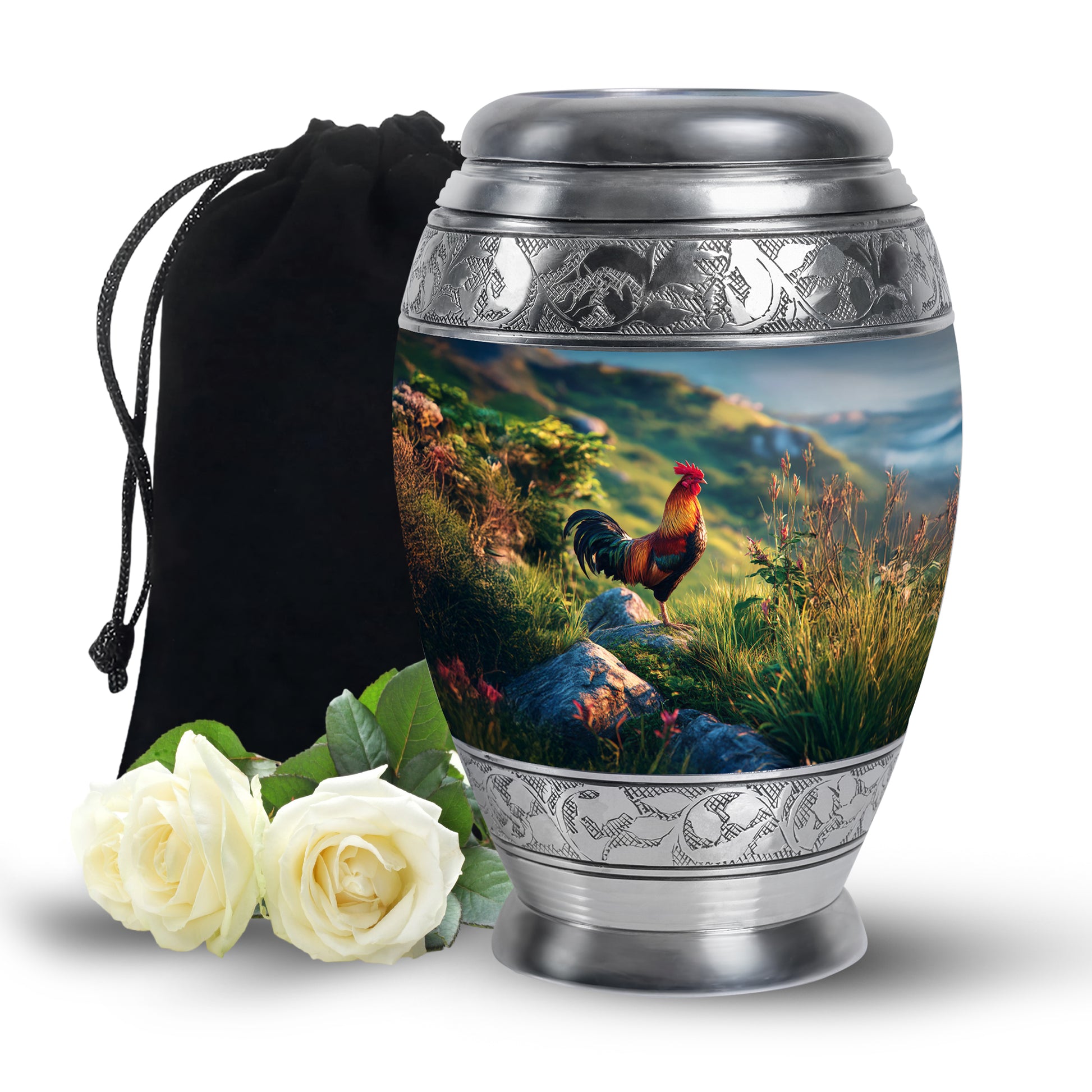 Cornflower Blue Hen Cremation Urn back view with polished surface - majestic hen pattern with filigree border - full-size 10 inch 200 cubic inch adult cremation urn