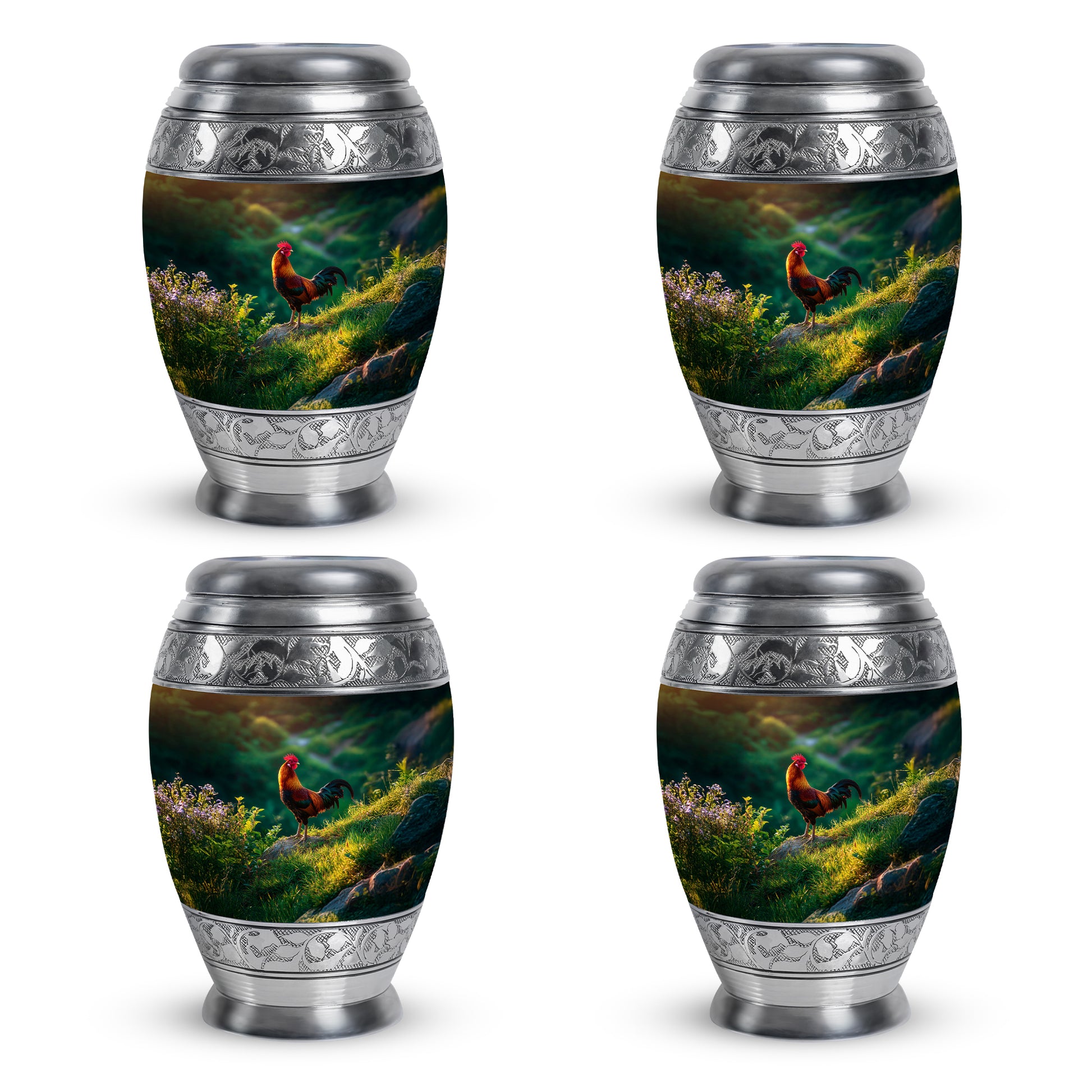Matte Gold Hen Cremation Urn urn with complimentary velvet bag - majestic hen pattern with filigree border - 10 inch aluminum urn for cremated remains