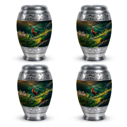 Matte Gold Hen Cremation Urn urn with complimentary velvet bag - majestic hen pattern with filigree border - 10 inch aluminum urn for cremated remains