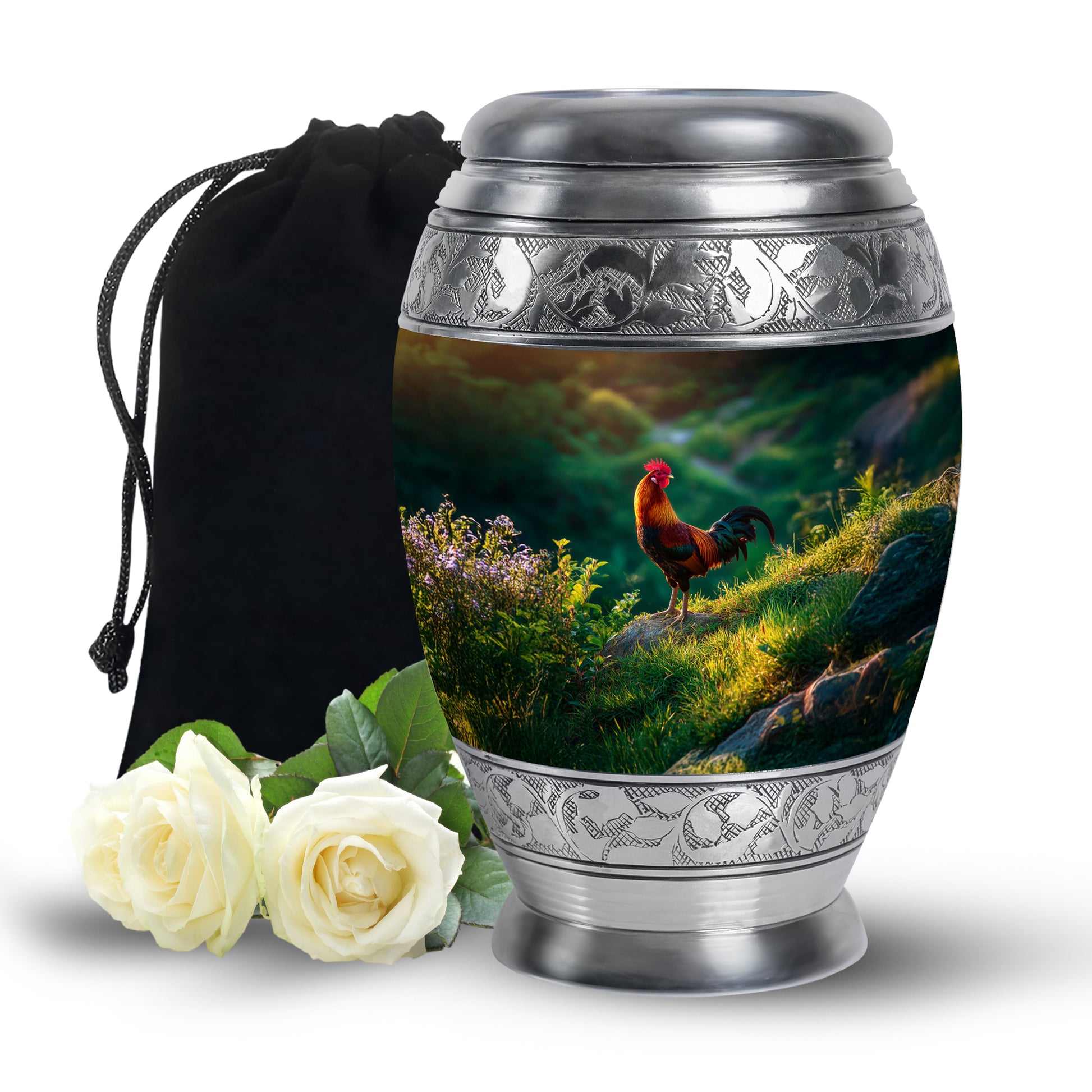 Antique Gold Hen Cremation Urn back view with polished surface - regal hen design with crown-inspired accents - full-size 10 inch 200 cubic inch adult cremation urn