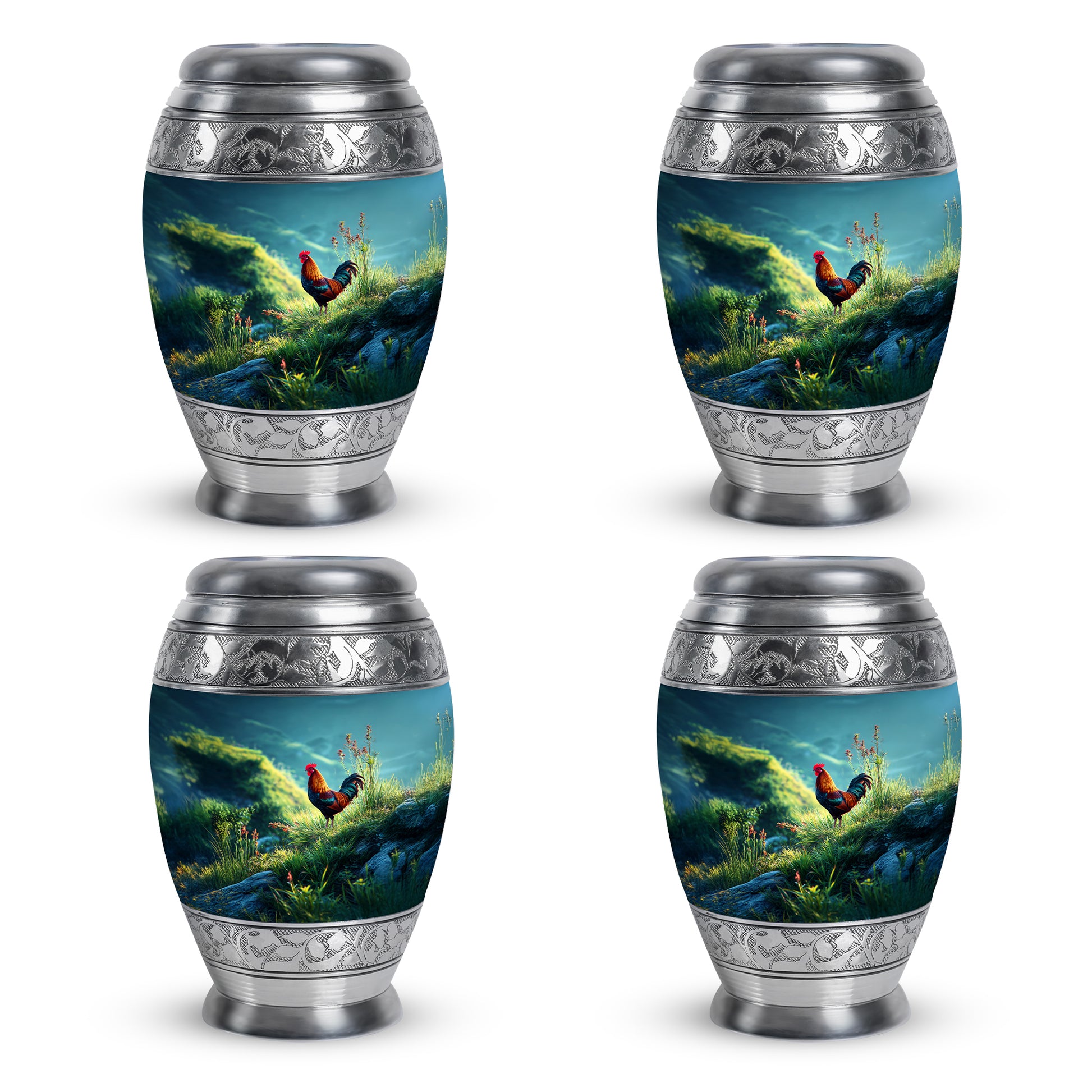 Ocean Teal Hen Cremation Urn urn with complimentary velvet bag - ornate monarch-style hen relief on brushed aluminum - 10 inch aluminum urn for cremated remains