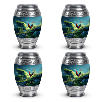 Ocean Teal Hen Cremation Urn urn with complimentary velvet bag - ornate monarch-style hen relief on brushed aluminum - 10 inch aluminum urn for cremated remains