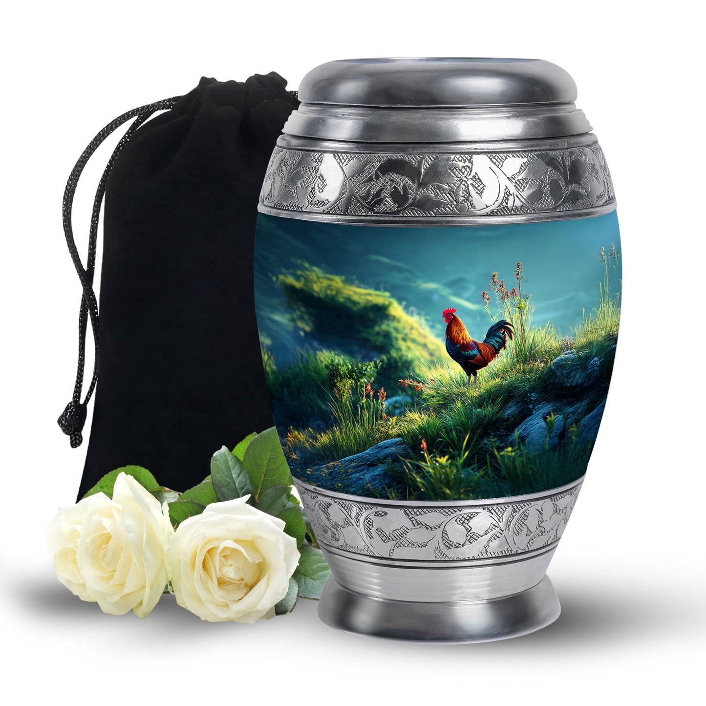 Deep Teal Hen Cremation Urn back view with polished surface - royal hen engraving with decorative scrollwork - full-size 10 inch 200 cubic inch adult cremation urn