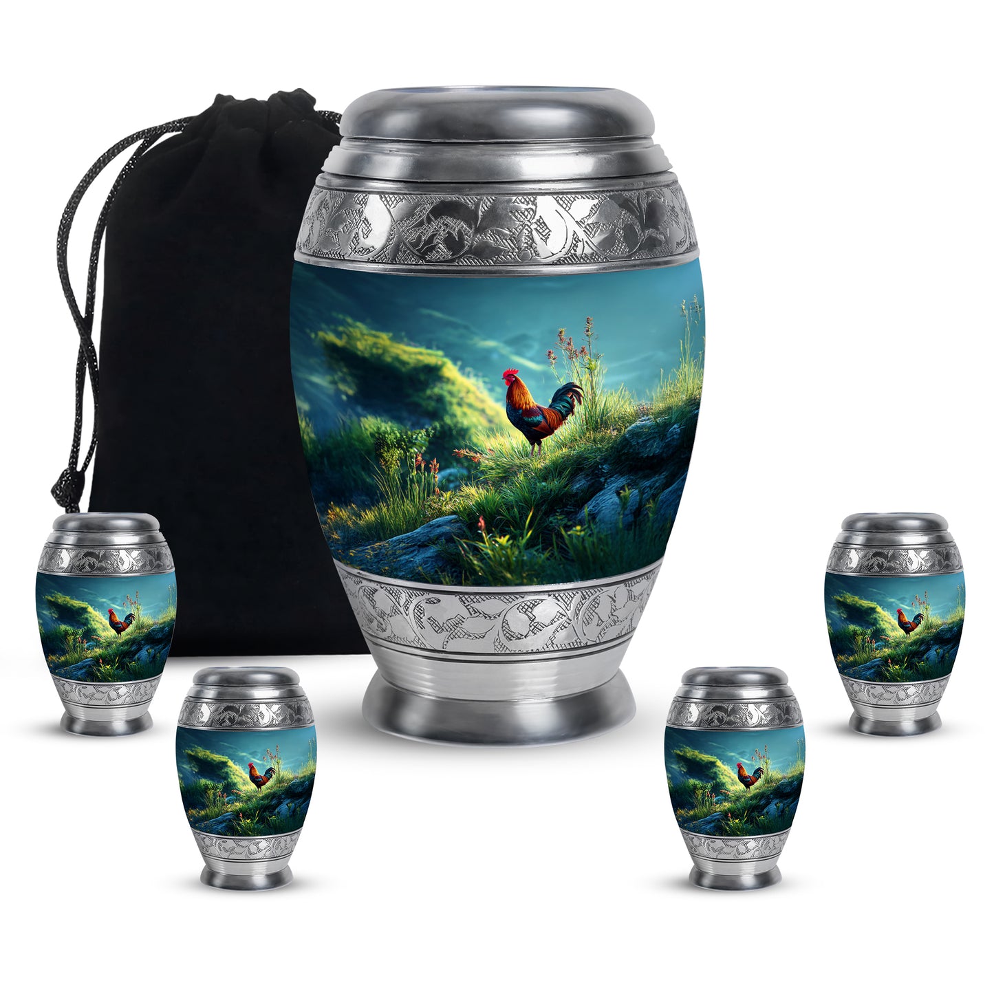 Mystic Teal Hen Cremation Urn detail view - majestic hen pattern with filigree border - memorial set with one large and four small urns