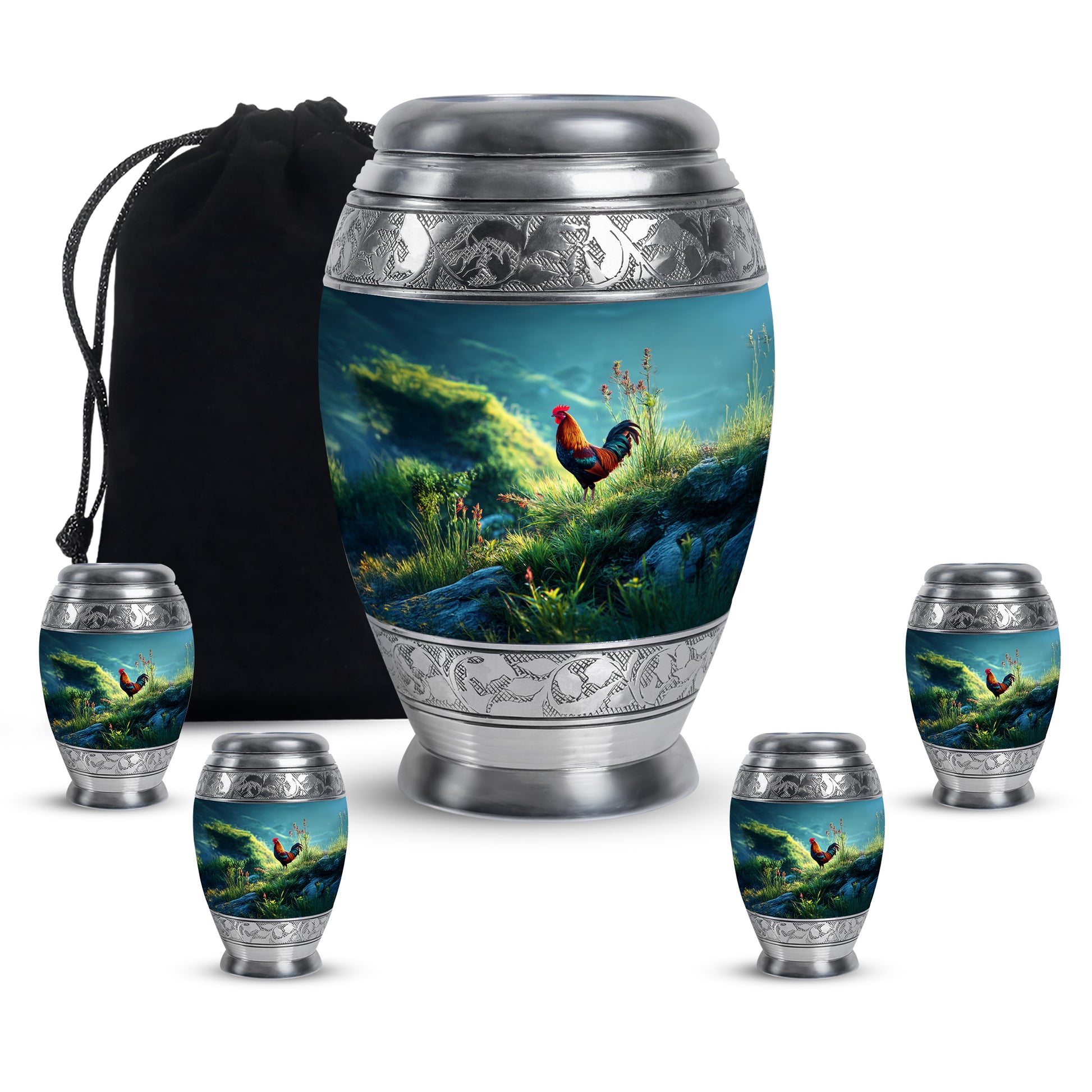 Mystic Teal Hen Cremation Urn detail view - majestic hen pattern with filigree border - memorial set with one large and four small urns