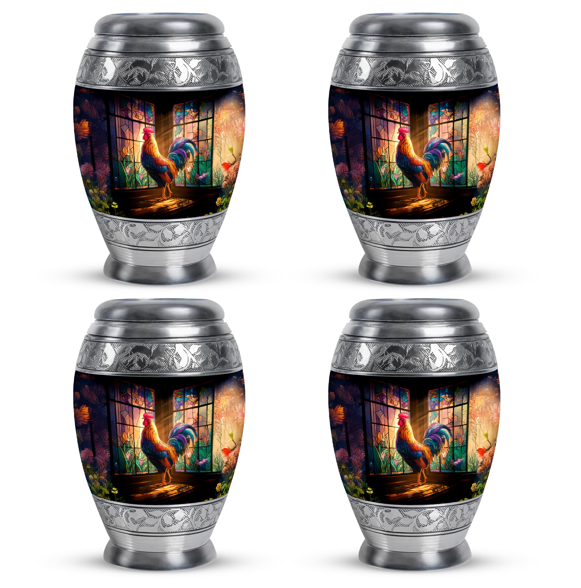 Charcoal Black Hen Cremation Urn urn with complimentary velvet bag - royal hen engraving with decorative scrollwork - 10 inch aluminum urn for cremated remains