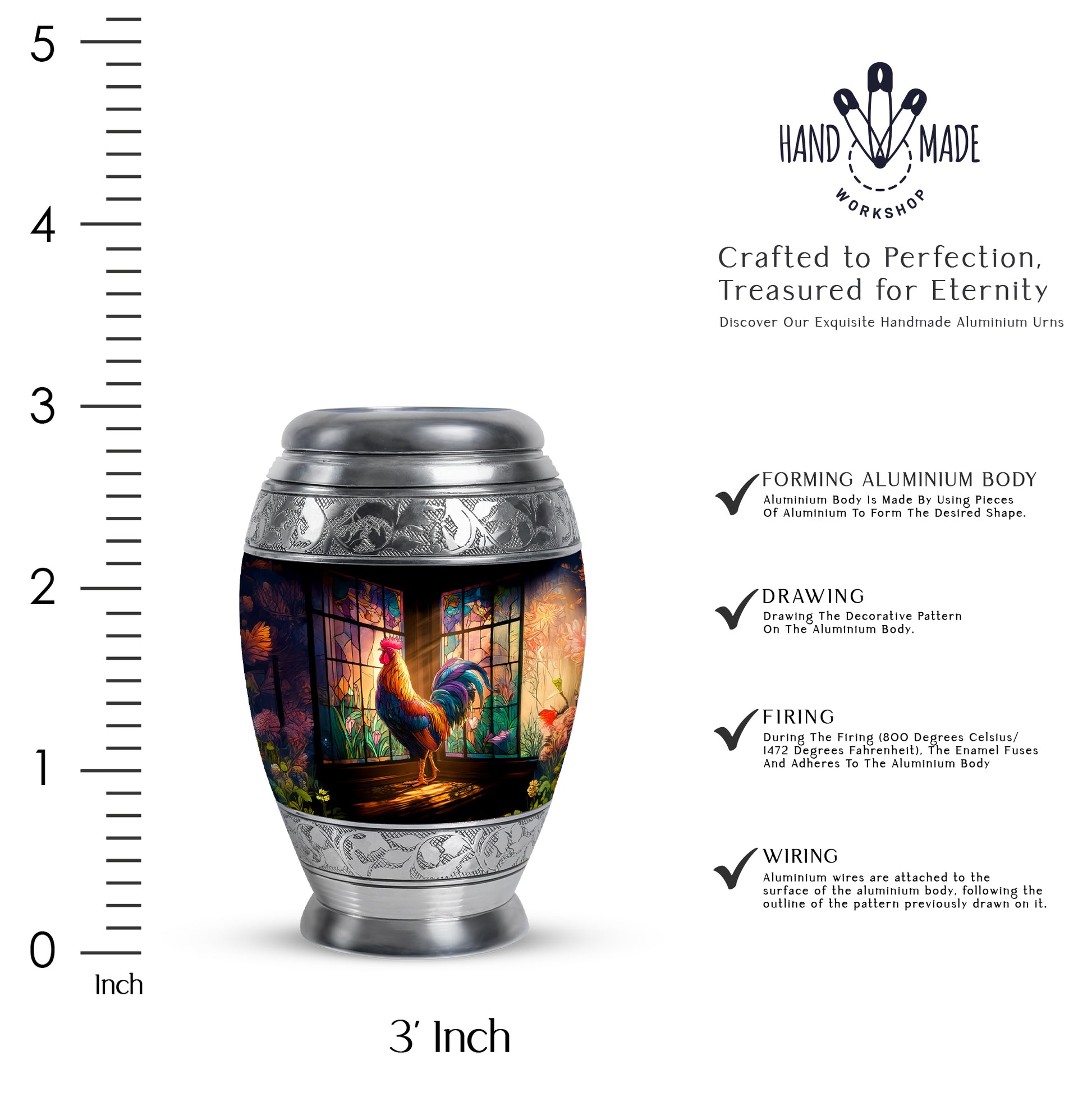 Charcoal Black Hen Cremation Urn lifestyle display on memorial shelf - majestic hen pattern with filigree border - mini keepsake memorial for portion of cremation ashes